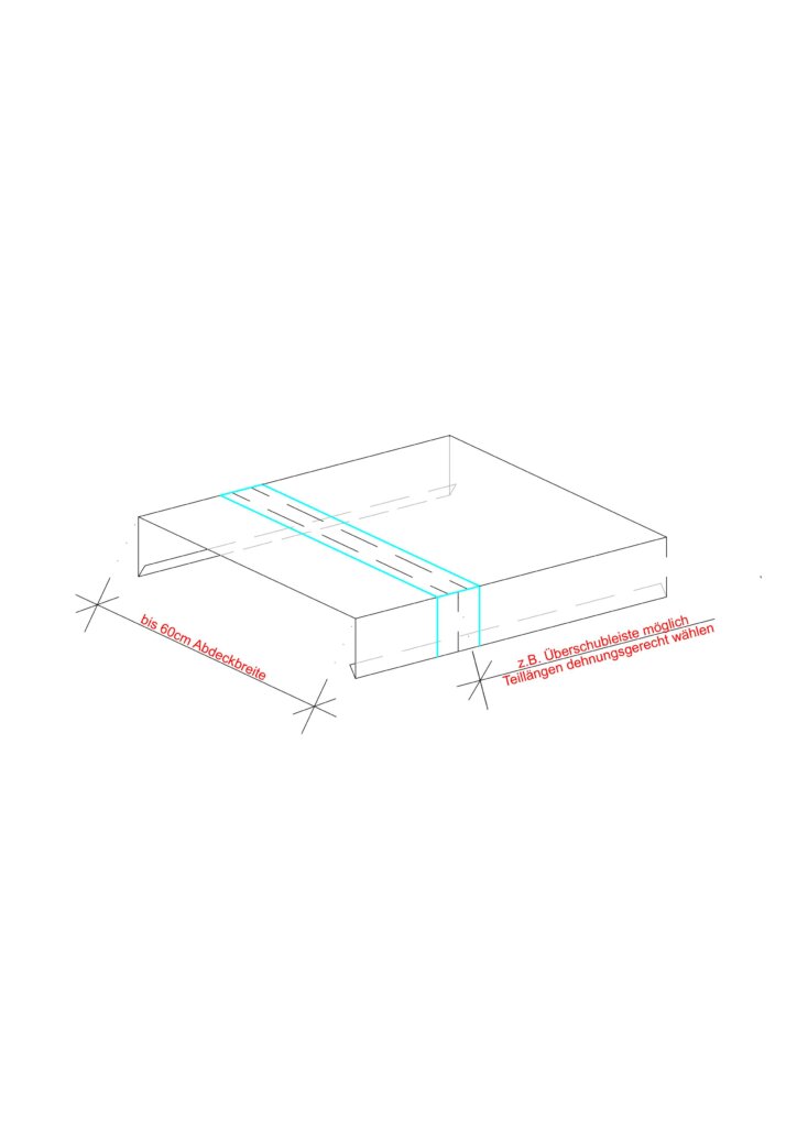 Schubkasten mit Teillängenauszug und bis zu 60cm Abdeckbreite in isometrischer Darstellung